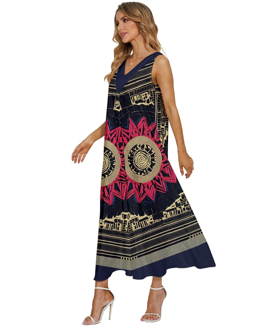 Geo-hectic V-Neck Sleeveless Loose Fit Dress