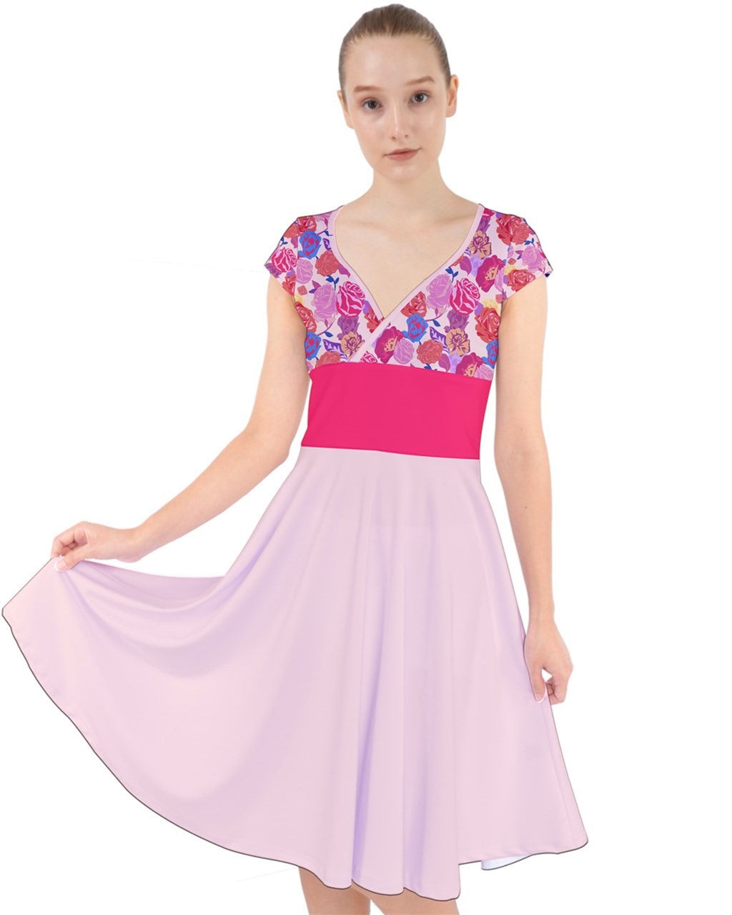 Rose Cap Sleeve Front Wrap Midi Dress
