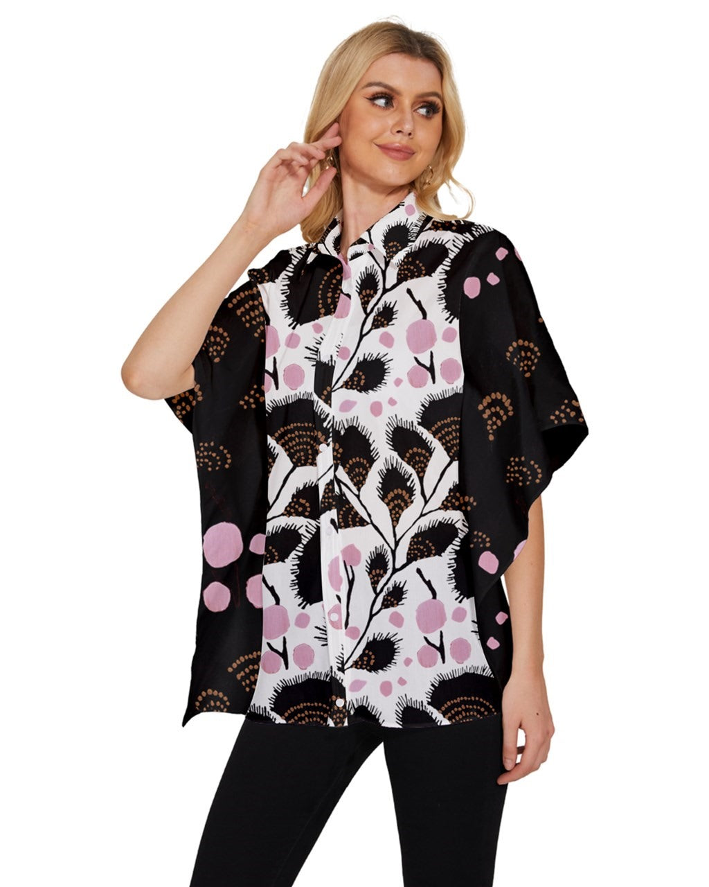 Dark Sleeve Pink and Brown Women's Batwing Button Up Shirt