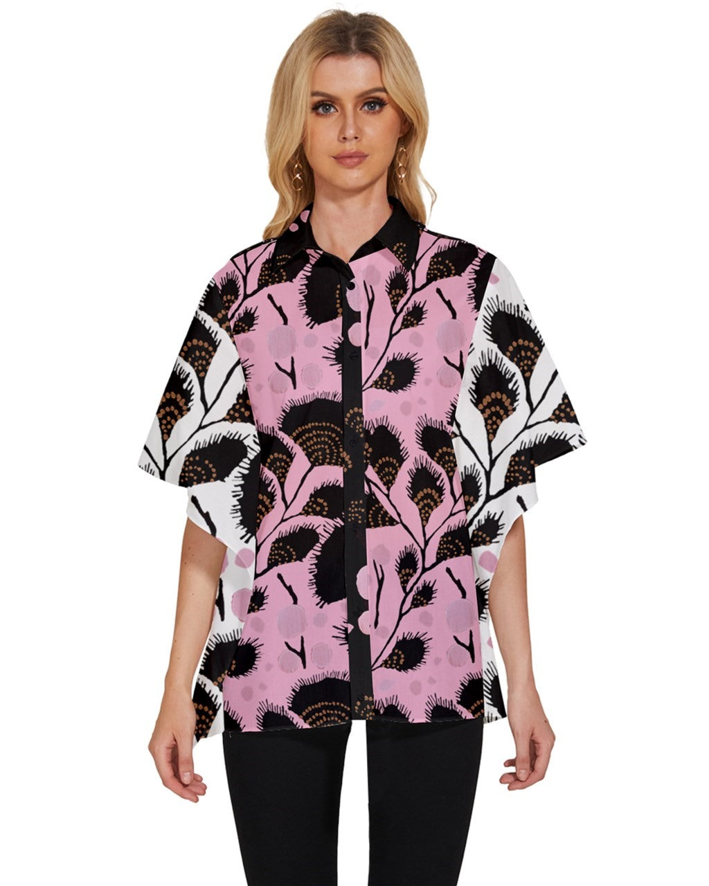Pink and Brown Women's Batwing Button Up Shirt