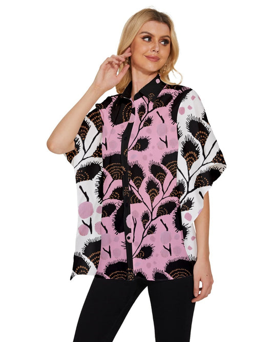 Pink and Brown Women's Batwing Button Up Shirt