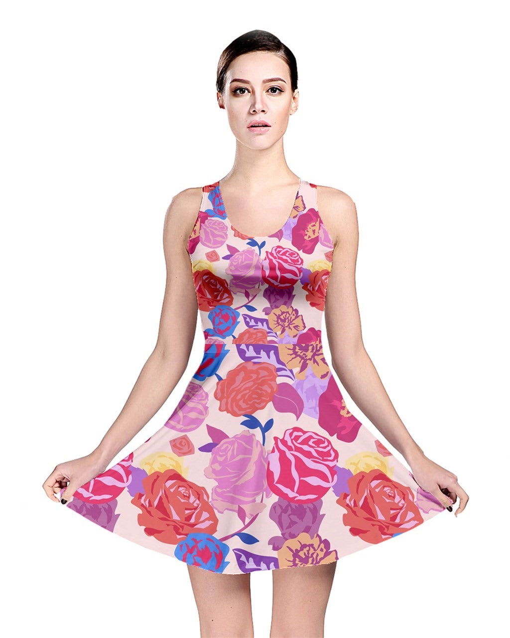 Pink aesthetic floral pattern with roses colorful Reversible Skater Dress